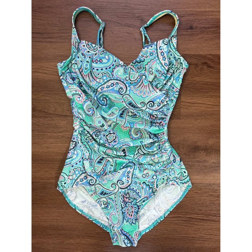 Miraclesuit Teal Paisley Underwire One Piece Swimsuit Tummy Control Size 8 Beach